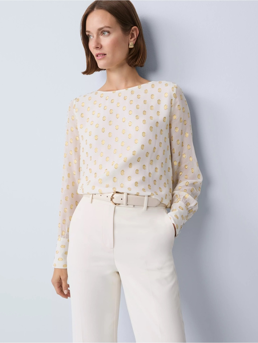 NWOT ANN TAYLOR Cream Blouse with Gold Dot Detail W/Sheer Sleeves, Button Cuffs - Picture 3 of 4